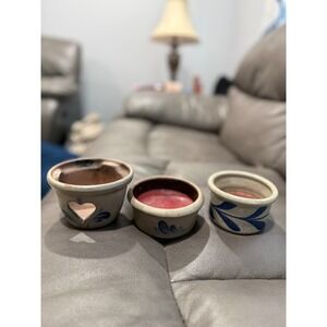 Rowe Pottery Works 1992 Salt Glaze Stoneware Heart Votive & Crocks Set of 3 Blue